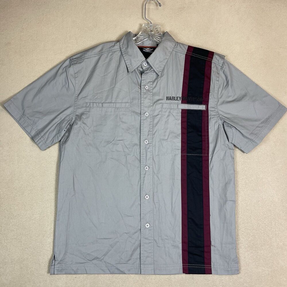 Harley Davidson Shirt Mens Medium Gray Mechanic Skull Print Short Sleeve Vented